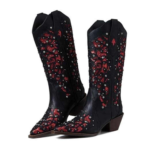 Mikarka Women's Glitter Cowgirl Boots - Embroidered Rhinestone Mid-Knee High Western Boots