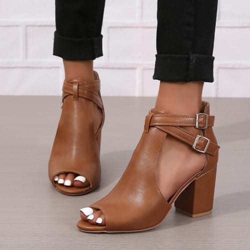 Women's Peep Toe Chunky Heel Side Cutout Sandals US5-11 Summer Booties