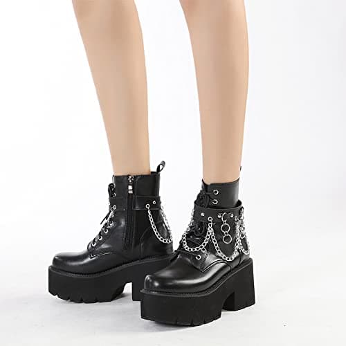 mikarka Women's Studded Black Chunky Heel Combat Ankle Boots