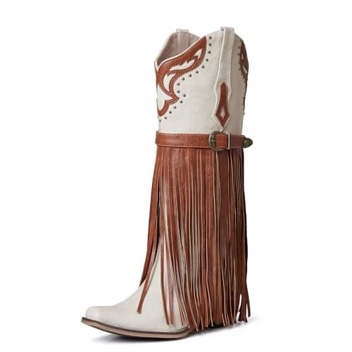 SaraIris Women's Fashion Pointed Toechunky Heel Embroidered Fringe Mid Calf Booties