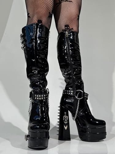 Frankie Hsu Gothic Chunky Platform Boots, Black Patent Silver Chain Buckles