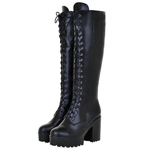 Parisuit Women's Gothic Knee High Lace-Up Buckle Boots Chunky Heel