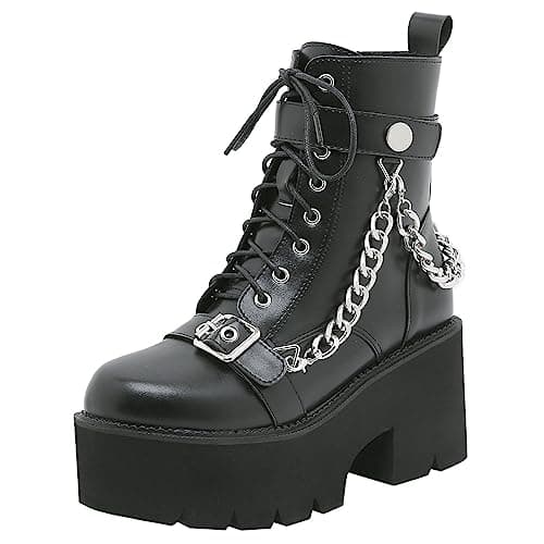 Goth Women's Platform Ankle Boots with Chunky High Heel and Lace Up Detail
