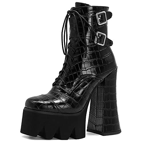 Mikarka Zipper Studded Goth Platform Combat Ankle Boots for Women Mid Chunky Block Heel Motorcyclist Boots
