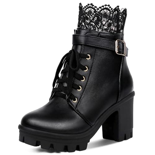 BEAUPAS Chunky Platform Gothic Lace Up Ankle Booties