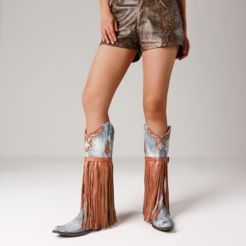 SaraIris Women's Fashion Pointed Toechunky Heel Embroidered Fringe Mid Calf Booties