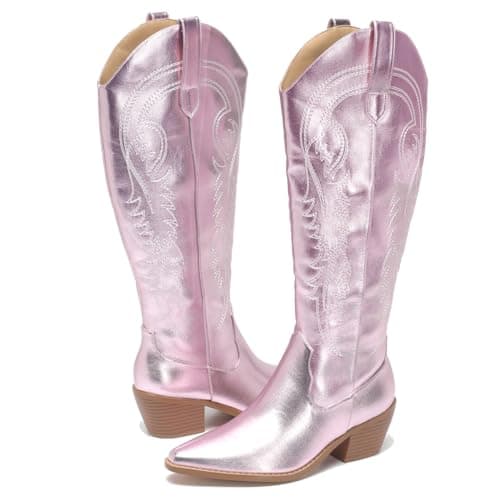 Amoji Women's Western Cowboy Knee High Boot with Zip Pull-On