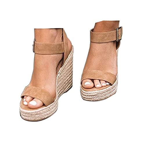 SUMOJIU Women's Open Toe Wedge Sandals, Ankle Strap Summer Casual Straw Woven