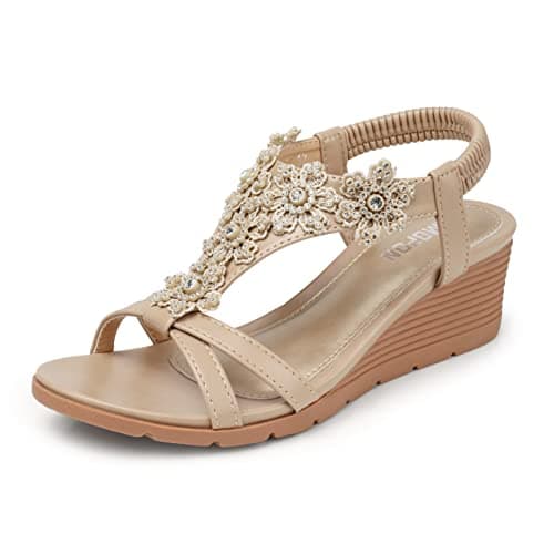 Temofon Women's Low Wedge Heel Summer Flower Sandals