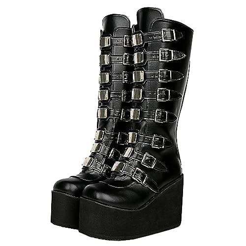 Parisuit Women's Gothic Knee High Lace-Up Buckle Boots Chunky Heel