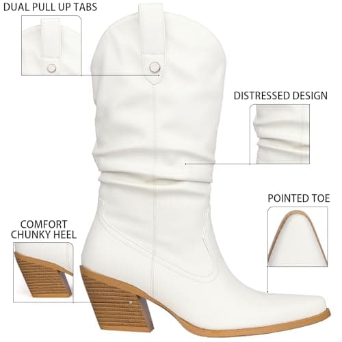 MISSMILLER Women's Embroidered Cowboy Boots with Chunky Heel Mid Calf