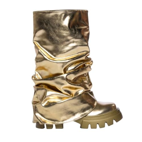 DETOGNI Women's Metallic Mid-Calf Pull-On Chunky Platform Booties