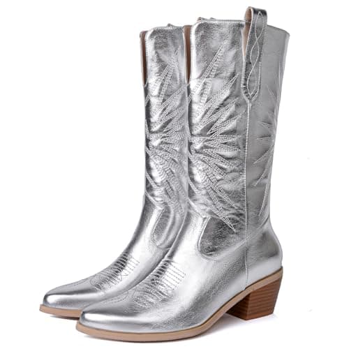 Metallic Cowboy Boots for Women | Pointed Toe Chunky Heel Mid Calf Pull-On