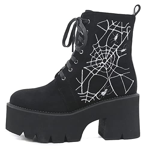 YIYA Women's Black Gothic Platform Ankle Boots with Bat Wing Buckles