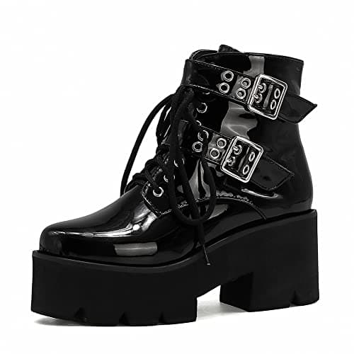 Mikarka Women's Black Chunky Heel Combat Booties