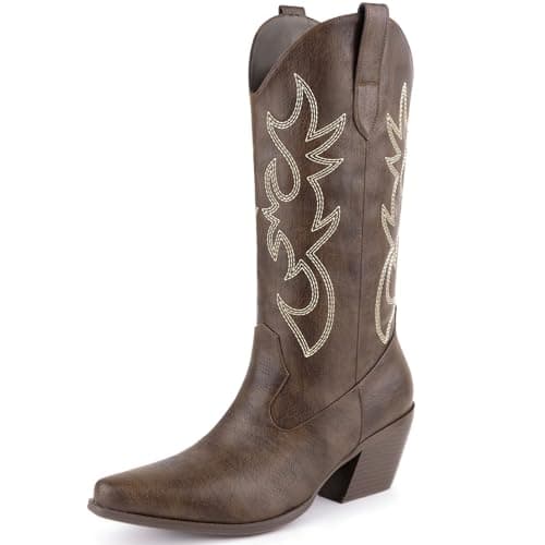 MISSMILLER Women's Cowboy Boots Mid Calf Embroidered Pointed Toe Heel