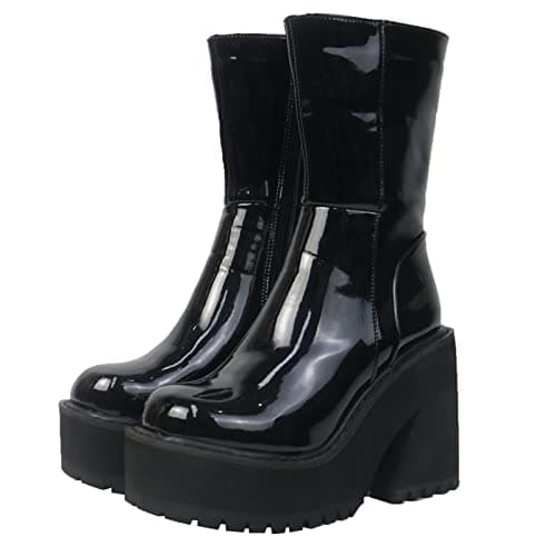 AMINUGAL Women's Chunky Wedge Heel Ankle Boots with Zipper - Fashionable Mid Calf Combat Booties