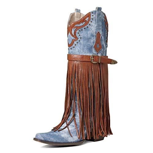 SaraIris Women's Fashion Pointed Toechunky Heel Embroidered Fringe Mid Calf Booties