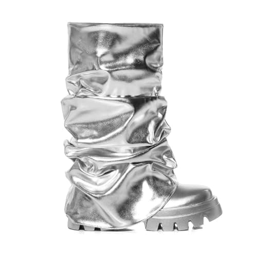 DETOGNI Women's Metallic Mid-Calf Pull-On Chunky Platform Booties
