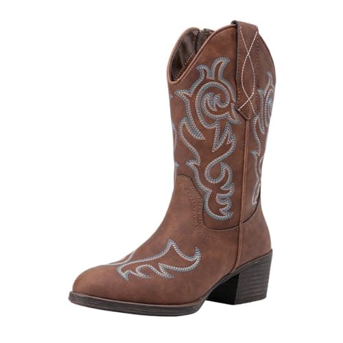 Vepose Women's Cowboy Mid Calf Embroidered Boot with Zipper