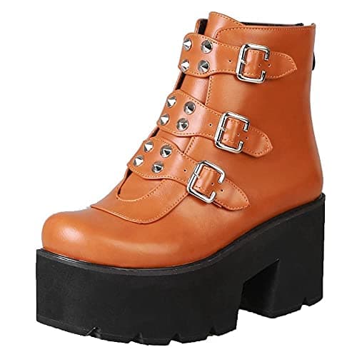 Mikarka Women's Studded Chain Ankle Boots - Chunky Heel Combat Booties