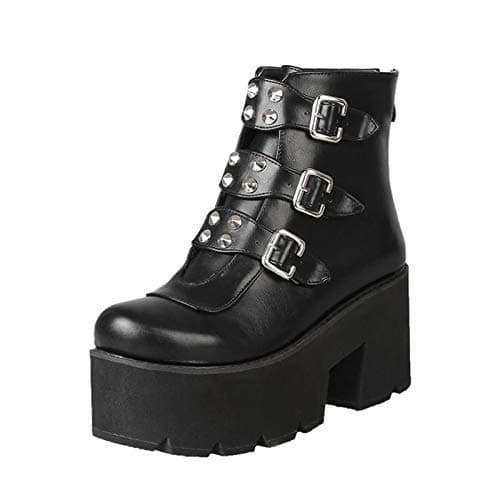 YIYA Women's Black Gothic Platform Ankle Boots with Bat Wing Buckles