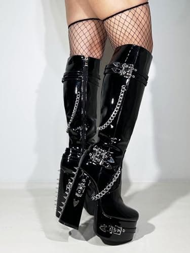 Frankie Hsu Black Patent Gothic Chunky Platform Heeled Boots Silver Chain Rivets