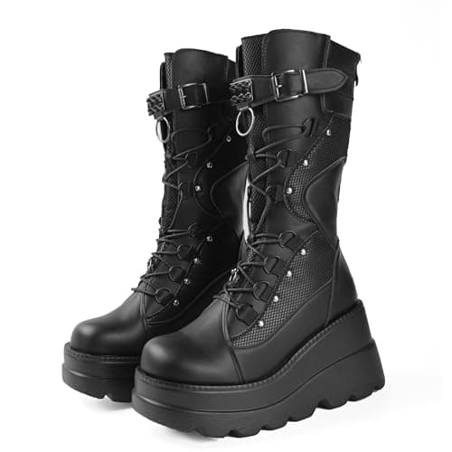 Gothniero Women's Black Knee High Platform Boots Size 5.5-11