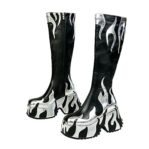 HiColor Women's High Heeled Flames Printing Chunky Sole Tall Boot