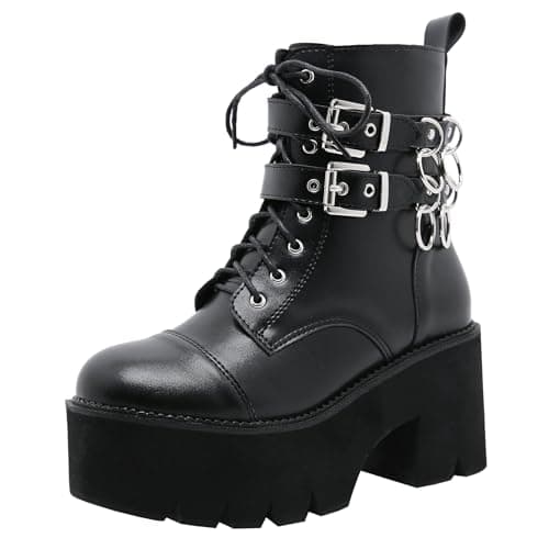 Goth Women's Platform Ankle Boots with Chunky High Heel and Lace Up Detail