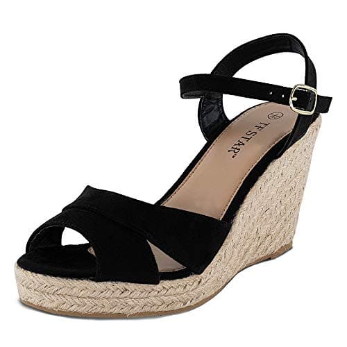 TF Star wedge sandals for women, jute rope ankle strap espadrille Heel sandals