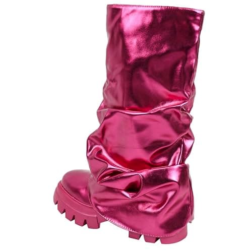 DETOGNI Women's Metallic Mid-Calf Pull-On Chunky Platform Booties