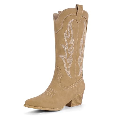 IDIFU IN2 Women's Mid Calf Embroidered Cowboy Bootschunky Heel Country Style Booties