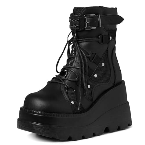 Tscoyuki Chunky Heel Booties for Women Round Toe Gothic Lace-Up Booties