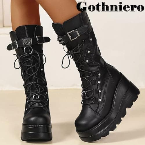 Gothniero Women's Black Knee High Platform Boots Size 5.5-11