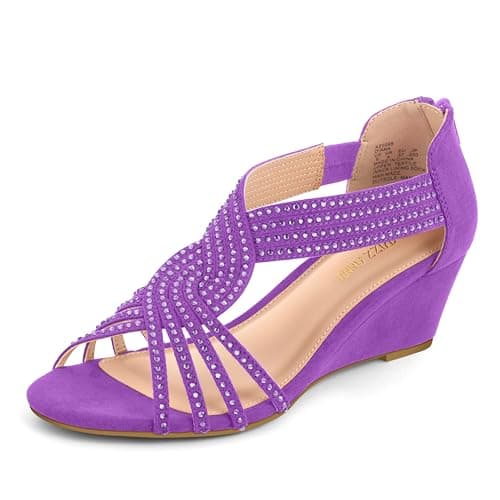 PIZZ ANNU Women's Sparkly Rhinestone Open-Toe Low Wedge Sandals for Bridal Dance Evening