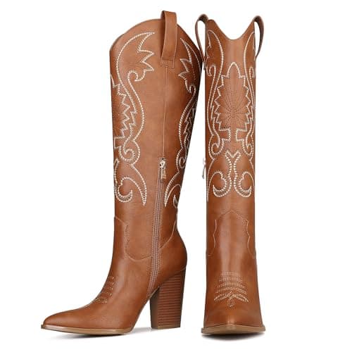 VOMIRA Pointed Toe Chunky Heel Knee High Cowboy Boots