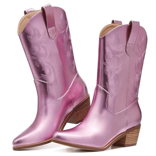 Vimisaoi Women's Retro Embroidered Mid Calf Cowboy Boots