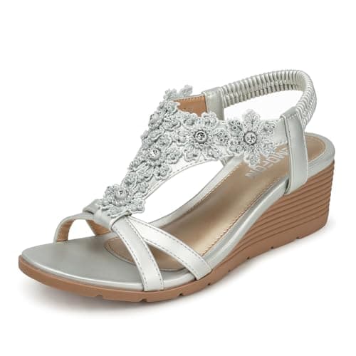 Temofon Women's Low Wedge Heel Summer Flower Sandals