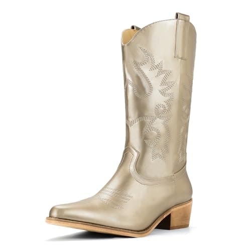 IDIFU Women's Mid-Calf Embroidered Cowboy Boots