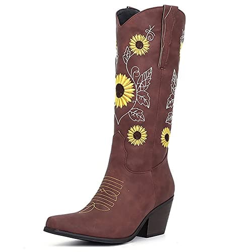 Erocalli Women's Western Mid Heel Embroidered Claf Boot