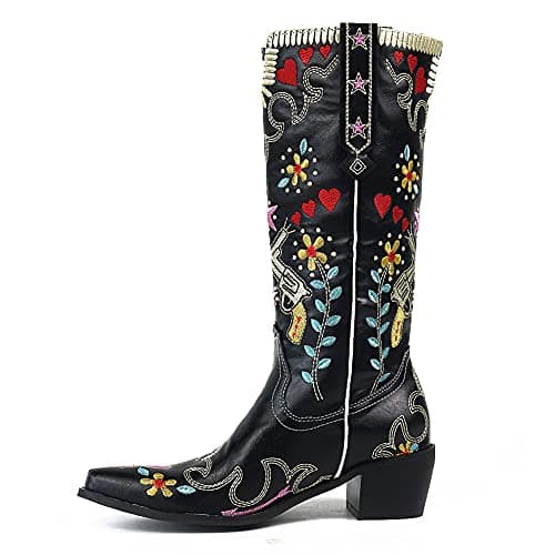 Erocalli Women's Western Mid Heel Embroidered Claf Boot