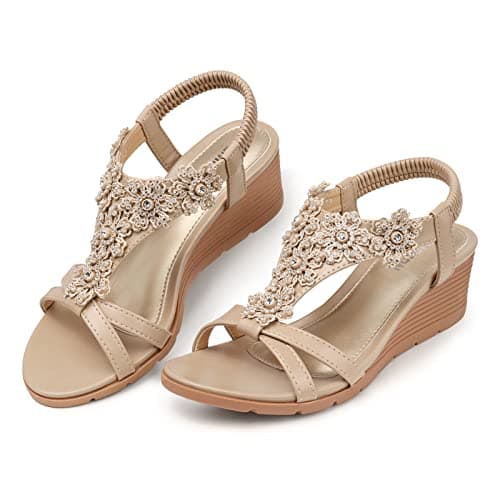 Temofon Women's Low Wedge Heel Summer Flower Sandals