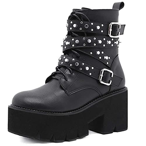 Mikarka Women's Studded Chain Ankle Boots - Chunky Heel Combat Booties