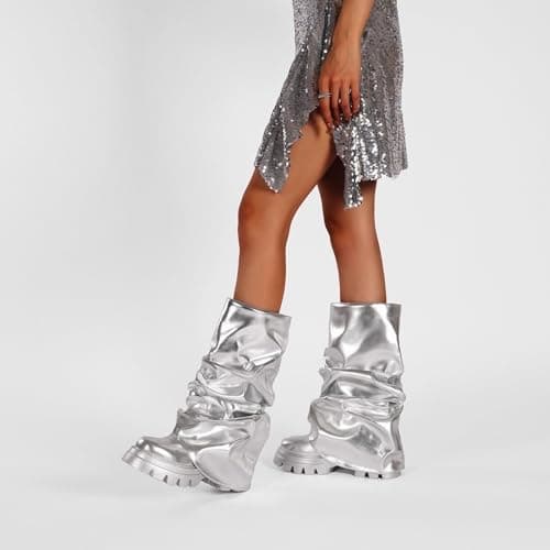 LISHAN Women's Metallic Fold-Over Pull-On Ruched Platform Heels