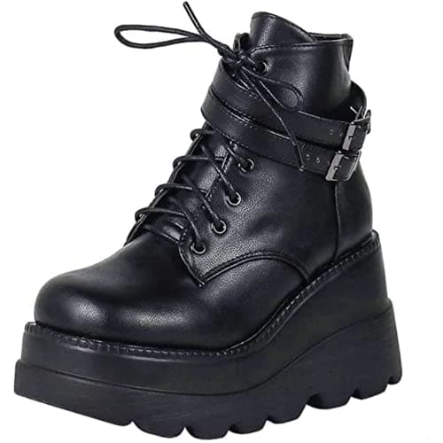 UOQAPRE Women's High Heel Combat Boots Square Toe Lace-Up Ankle Booties