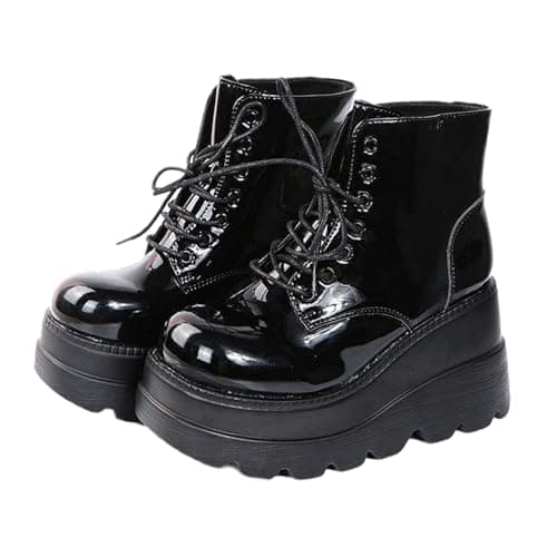 UOQAPRE Women's High Heel Combat Boots Square Toe Lace-Up Ankle Booties