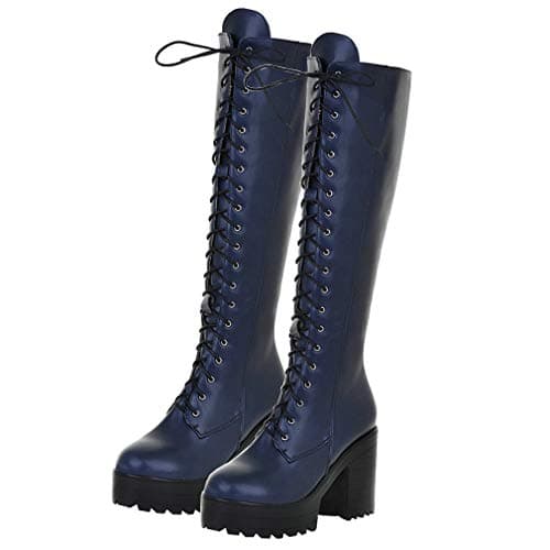 Parisuit Women's Gothic Knee High Lace-Up Buckle Boots Chunky Heel