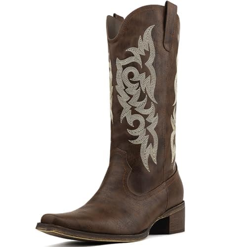 MISSMILLER Women's Cowboy Boots Mid Calf Embroidered Pointed Toe Heel