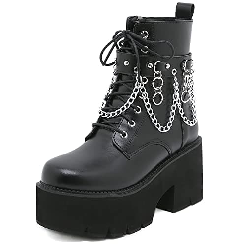 YIYA Women's Black Gothic Platform Ankle Boots with Bat Wing Buckles